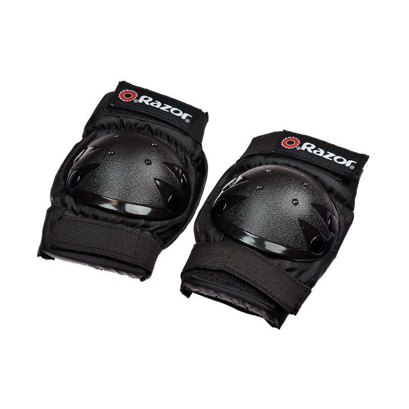 Elbow & Knee Pad Set with ABS hard plastic caps and rip & grip closures, designed for youth aged 8 to 14 for scooting or skateboarding.