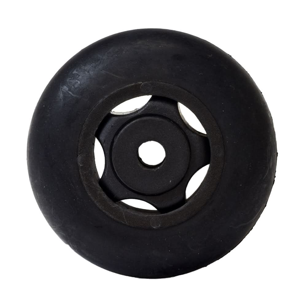 Rear Anti-Tip Wheel Assembly for Pride Victory 3 (SC160/SC1600), Victory 4 (SC170/SC1700), and Victory XL (SC270) featuring a black plastic wheel with a central hole, axle bolt, washers, and nut.