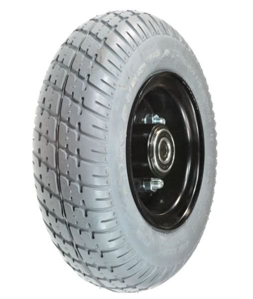 9x3 (2.80/2.50-4) Flat-Free Caster Wheel Assembly for Jazzy 1650 & Quantum Blast 850 featuring a close-up of the tire with aqua tread, black rim, hub, bearings, and steel spacer.