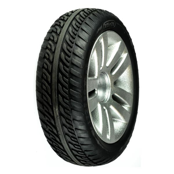 Close-up of the Black Rear Wheel Assembly for the ActiveCare/Drive Medical Spitfire EX Series Scooters, featuring a solid, non-marking, flat-free tire with distinct tread patterns for enhanced durability.