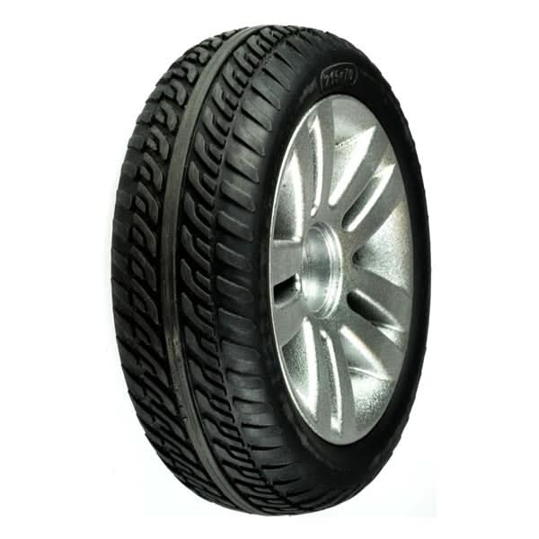 Close-up of the Rear Wheel Assembly for the ActiveCare/Drive Medical Spitfire EX Series Scooters, showing minor tread wear and slight scratches on the silver rim, highlighting its solid, flat-free design.