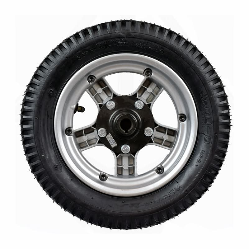 14 X 3 (3.00-8) Pneumatic Rear Wheel Assembly for the Pride Pursuit XL (SC714) mobility scooter, featuring a black tire with tread, silver rim, and complete with an inner tube.