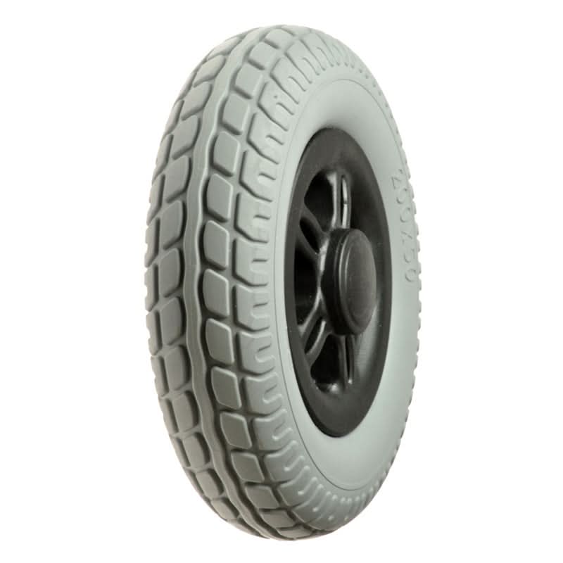 Close-up of the Rear Wheel Assembly for Merits Cruiser Q (S538/S548) & Mini Coupe (S549) Mobility Scooters, highlighting the tread pattern, rim, and hubcap, showcasing its sturdy synthetic rubber construction.