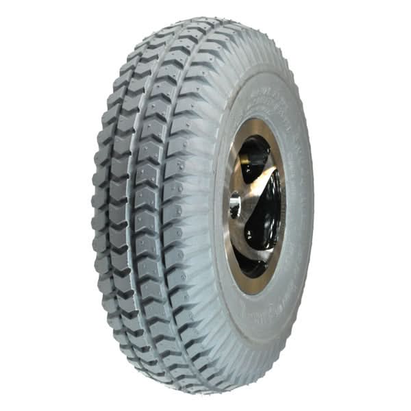 Close-up of a 3.00-4 (10x3, 260x85) pneumatic rear wheel assembly for the Rascal 235, 245, 305, and 600 series electric mobility scooters, showcasing the tread and rim details.