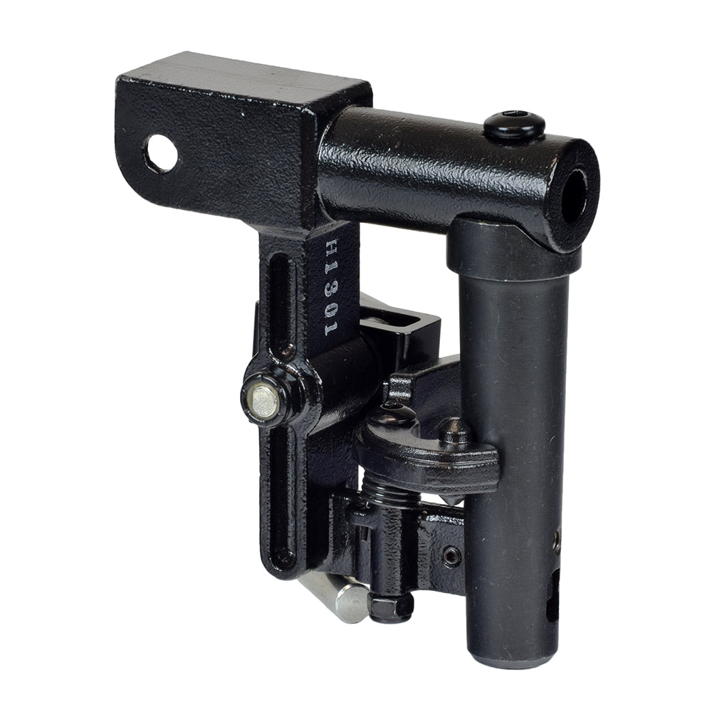 Elevating Leg Rest Knee Pivot Assembly for Jazzy Power Chairs, a black metal component with screws, designed to fit Pride's Universal Friction Lock Seat Frame, available for both right and left sides.