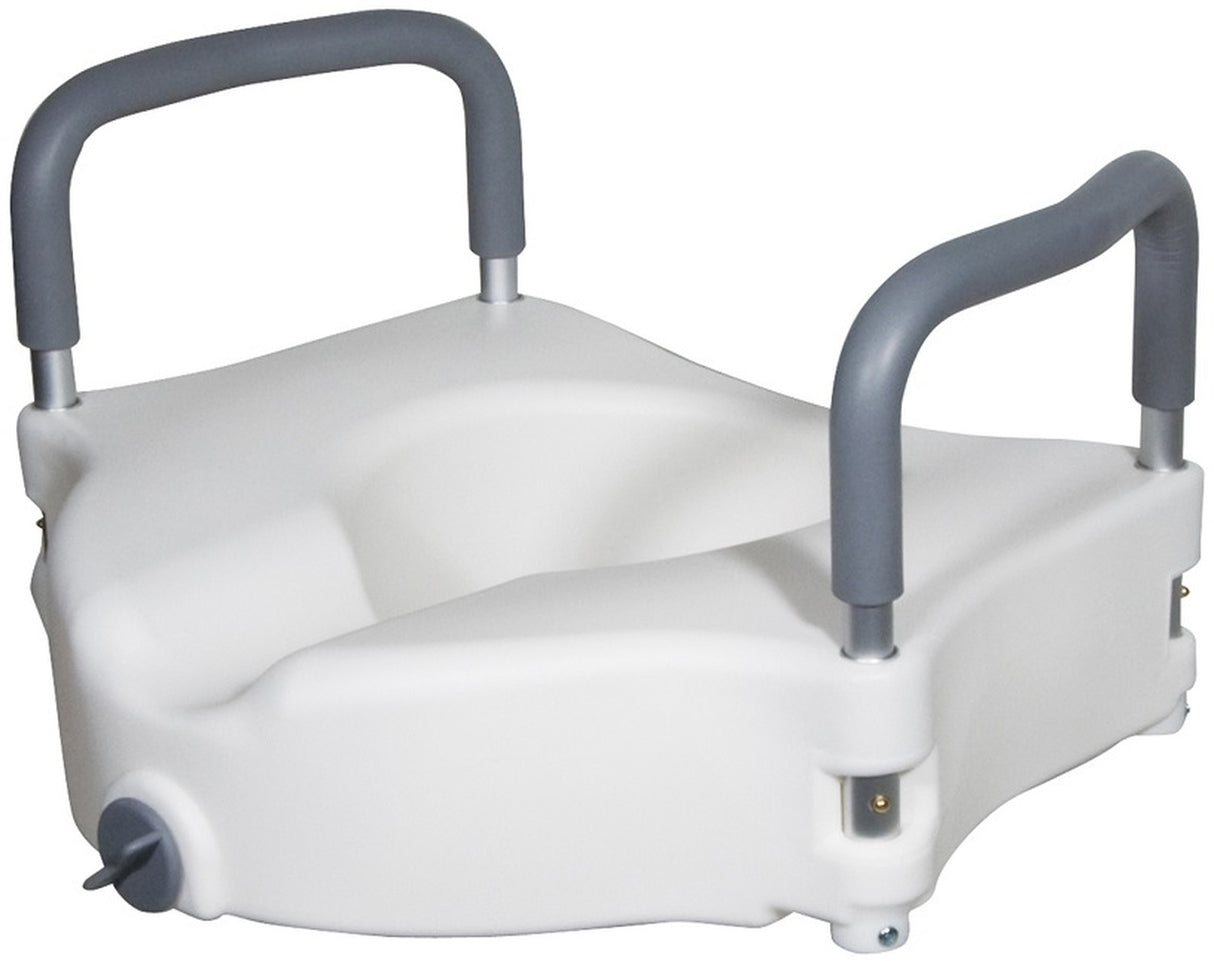 Elevated Toilet Seat with Removable Padded Arms featuring a white plastic seat with grey handles, designed for added height and safety, enhancing convenience for users needing assistance with standing or sitting.
