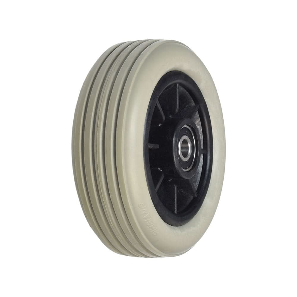 Front Caster Wheel Assembly for Shoprider Power Chairs, featuring a close-up view of the wheel with a black rubber rim and metal components, designed for Streamer models from 2006 onwards.