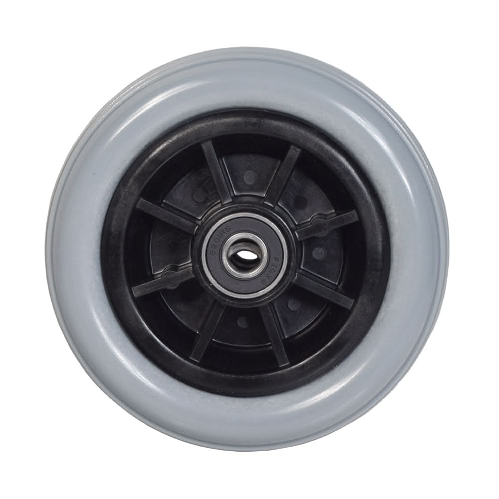 6x2 Dark Gray Caster Wheel for Shoprider Power Chairs, featuring a black rim and solid tire, close-up view.