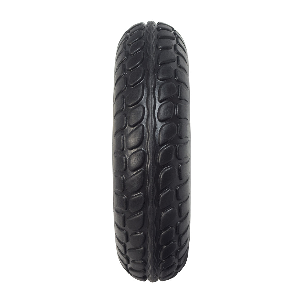 8 Front Wheel Assembly with Black Tire for the Shoprider Echo (SL73) & Dasher 9 (GK7-3) showcasing a close-up of the tire's tread pattern, highlighting its flat-free synthetic rubber construction.