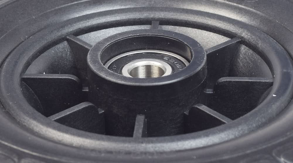 8 Front Wheel Assembly with Black Tire for the Shoprider Echo (SL73) & Dasher 9 (GK7-3), featuring a black circular design with a metal center, molded onto the rim for flat-free dependability.