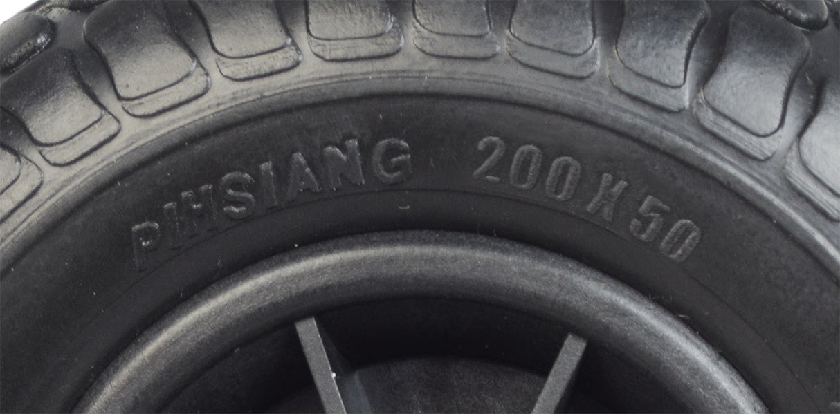 8 Front Wheel Assembly with Black Tire for the Shoprider Echo (SL73) & Dasher 9 (GK7-3), showcasing a close-up of the tire's tread and molded rim design for flat-free mobility.