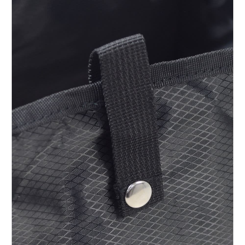 AlveyTech Universal Under-Seat Tote Bag for Rollators: Close-up of the durable black fabric, snap-on straps, and metal clasp details. The tote is designed to fit various rollator brands.