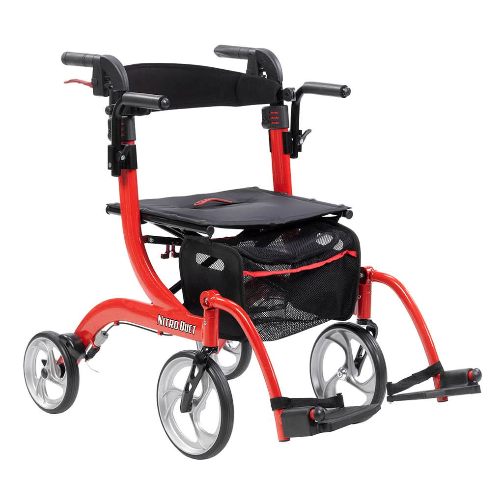 Nitro Duet Dual Function Transport Wheelchair and Rollator Rolling Walker, Red
