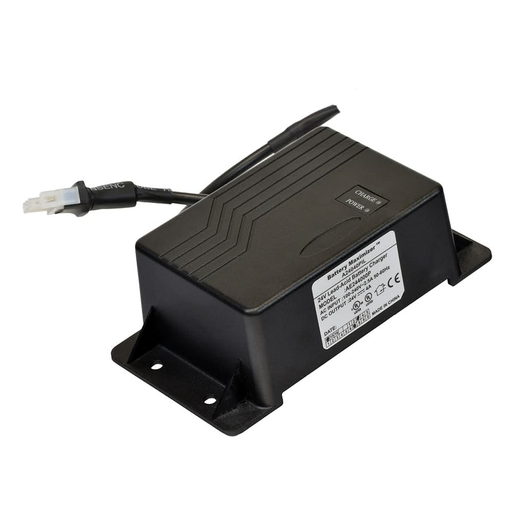 24 Volt 4.0 Amp On-Board Battery Charger for Pride Mobility Scooters (Blemished) showing a close-up of the charger with a black cable plugged in and a visible power button.