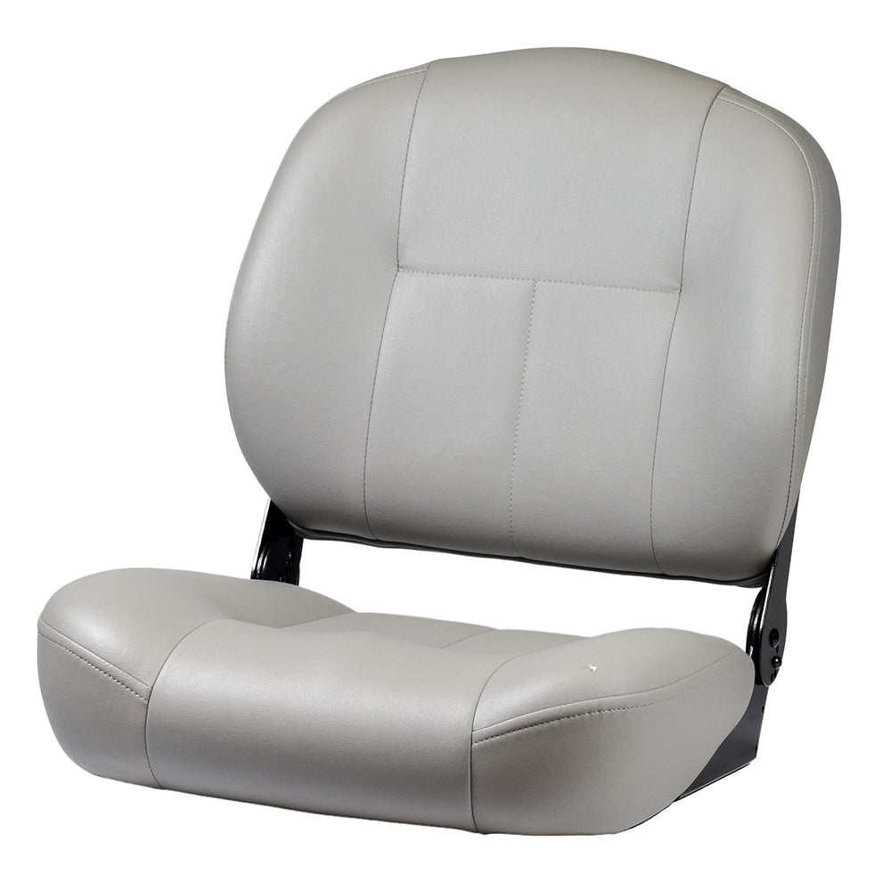 Medium-Back Gray Vinyl Seat Assembly for Jazzy Power Chairs (Blemished) featuring a gray seat with a black frame, shown in a close-up view highlighting the seat and backrest.