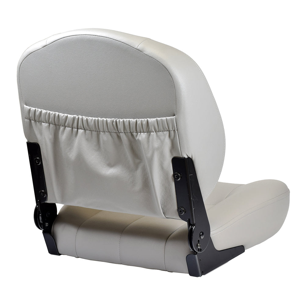 Medium-Back Gray Vinyl Seat Assembly for Jazzy Power Chairs (Blemished), featuring a white chair with black legs and a close-up of the seat's pinchless hinges.