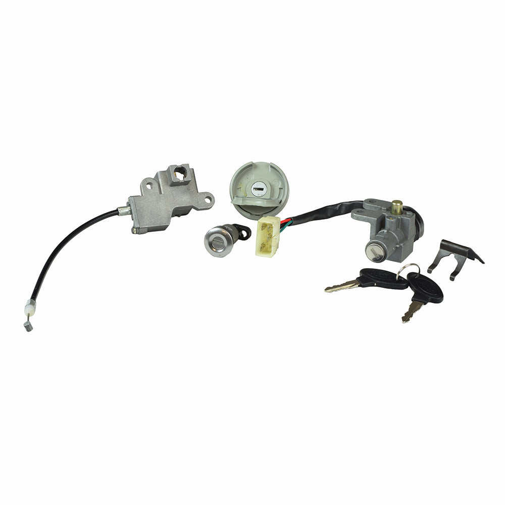 50cc, 125cc, and 150cc Scooter Ignition Module (Key Switch) Complete Assembly with Keys and 4 Pin Connector (Blemished) showing keys, lock cylinder, connectors, and additional latch assembly parts.