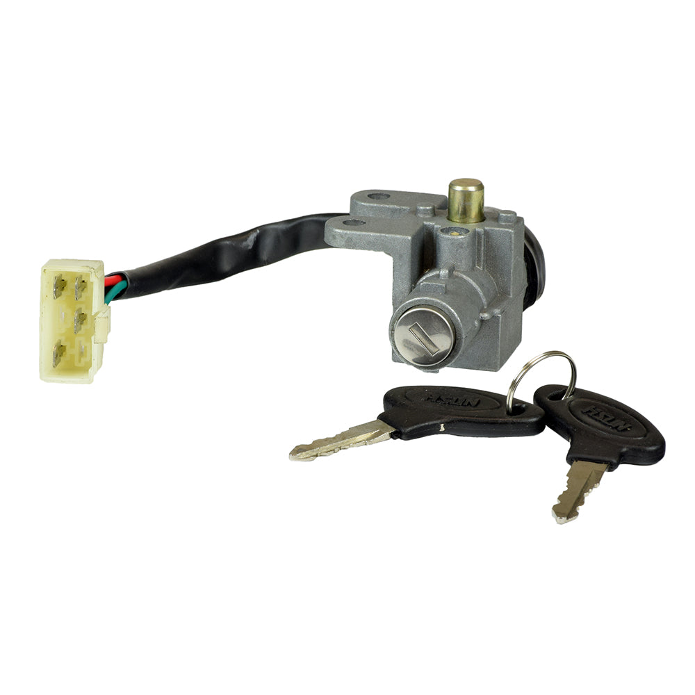 50cc, 125cc, and 150cc Scooter Ignition Module (Key Switch) Complete Assembly with Keys and 4 Pin Connector (Blemished), showing a close-up of the ignition/lock assembly, keys, and keychain.