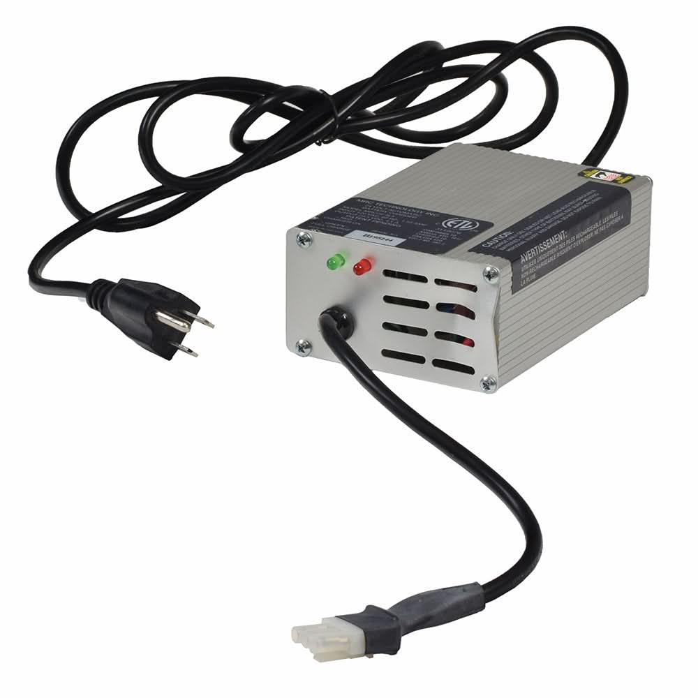 24 Volt On-Board Battery Charger for the Golden Technologies Companion I and II Mobility Scooters (Blemished), showing a silver box with black wires, minor dent visible on one end.