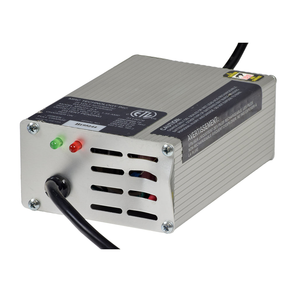 Close-up of a 24 Volt On-Board Battery Charger for the Golden Technologies Companion I and II Mobility Scooters (Blemished), showing a dent on one end and visible screws.