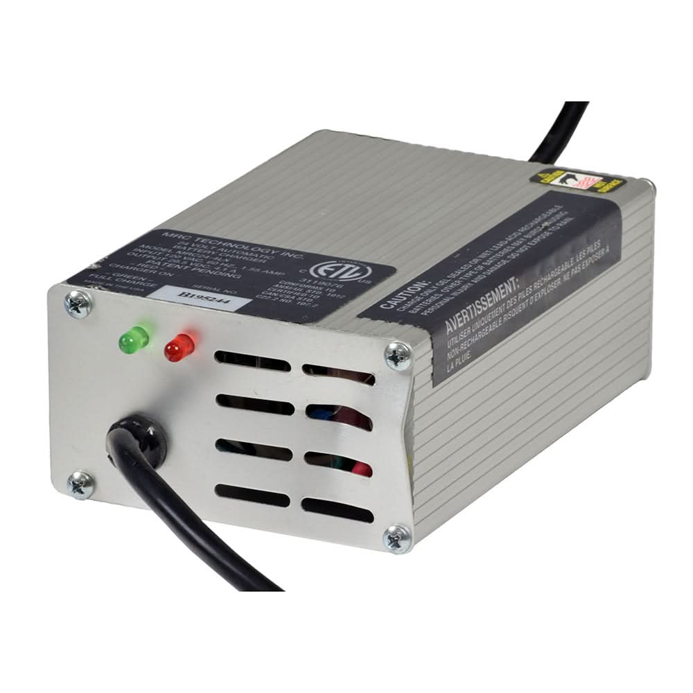 Close-up of a 24 Volt On-Board Battery Charger for the Golden Technologies Companion I and II Mobility Scooters (Blemished), showing a dent on one end and visible screws.