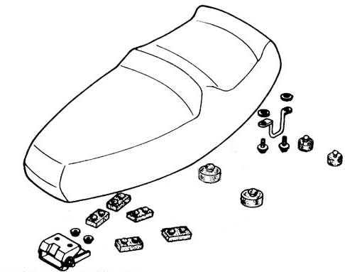 Black and white drawing of the Seat Assembly for Honda Elite 250 (1986 Models). OEM part features detailed line art showing the seat's structure and design.