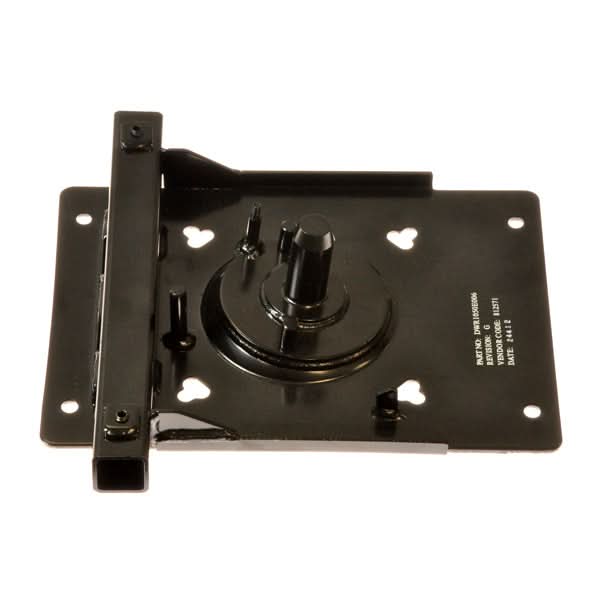 Seat Base with Leg Rest Receiver for Jet Power Chairs, featuring a black metal plate with holes and a screw; does not include the lever. Ideal for various Jazzy and Jet power chair models.