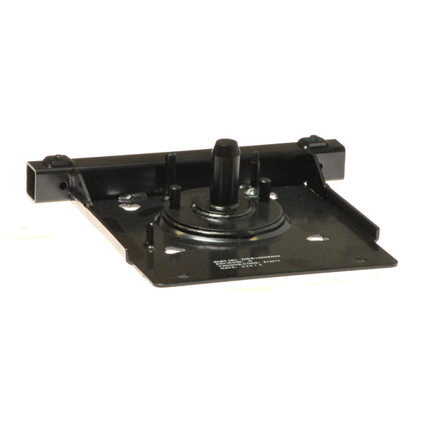 Seat Base with Leg Rest Receiver for Jet Power Chairs, showing a black metal piece with a round center, designed to fit various Jazzy and Jet power chair models.