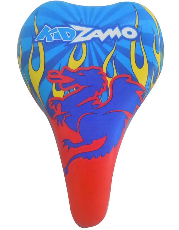Seat for Bikes & Scooters featuring a colorful dragon and flames design, embossed and padded vinyl top, measuring 6 wide by 9 long, ideal for enhancing bike and scooter aesthetics.