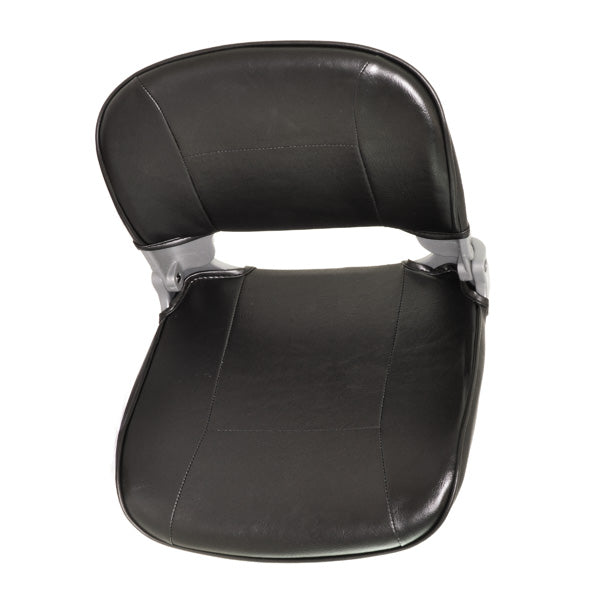 Seat Assembly for the Drive Medical Bobcat 3 and Bobcat 4 mobility scooters; black, fold-down chair without armrests, seat post, or seat post pin, featuring a metal frame and ergonomic design.