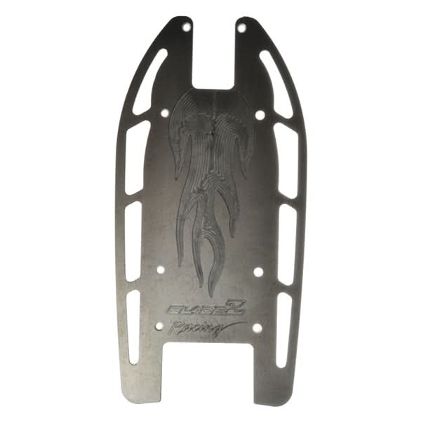 Silver Deck Plate for the Bladez XTR Series Electric Scooters, featuring intricate metal design; close-up shows detailed pattern on the plate.