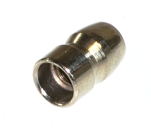 Spark Plug Terminal Nut: Close-up of a silver metal cylinder with a threaded screw-on design, essential for spark plugs excluding certain two-stroke models and Baja Doodle Bug.