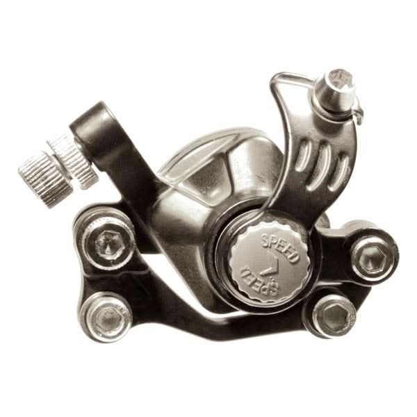 Close-up of a SPEED Mountain Bike Style Brake Caliper for Electric Bikes, showing metal gears and components, highlighting its durable die-cast aluminum construction with minor blemishes from storage.