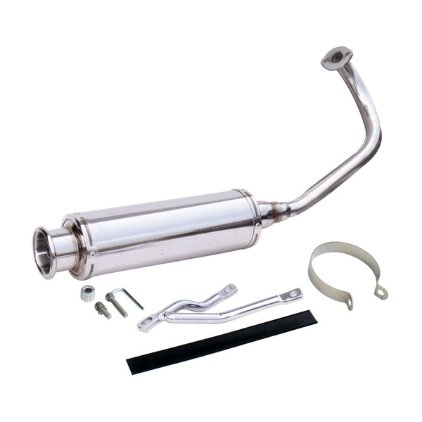 Stainless Steel Exhaust Pipe for the Honda Ruckus (NPS50) by NCY, featuring a sleek silver muffler with a black strap and visible screws, designed for performance enhancement.