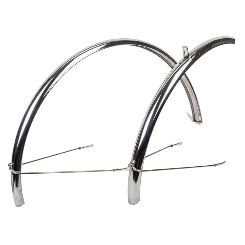 Stainless Steel Fender Pair with a sleek, curved metal frame, designed for bikes and scooters, providing both style and practicality.