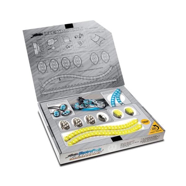 StreetFX ElectroPods Pro Complete Scooter Accent Lights Kit shown in a box with various components, including LED strips, pods, connectors, and a switch, designed for enhancing scooter style and safety.