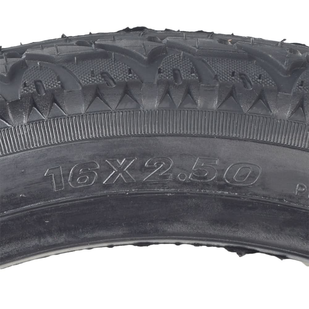 Close-up of the 16x2.50 Tubeless Pneumatic Tire for X-Treme Electric Scooters, showcasing its directional P1095 tread pattern and sidewall arrows indicating the correct spinning direction when mounted.