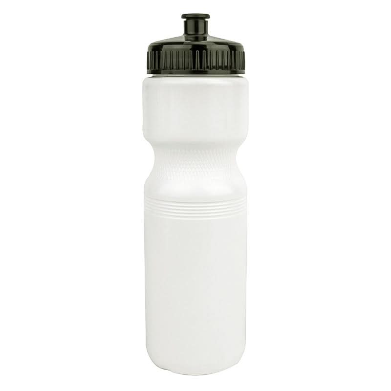 Sunlite Water Bottle in white plastic with a black cap, showcasing a cylindrical design. Ideal for cyclists and hikers, it fits most carrier cages and is biodegradable, BPA-free, and easy to squeeze.