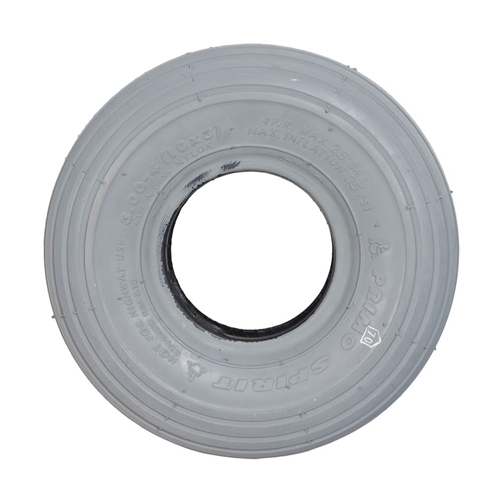 10x3 (3.00-4, 260x85) Pneumatic Mobility Tire with C179G Spirit Ribbed Tread, close-up view showing the grey tire with a hole in the middle and detailed tread pattern.