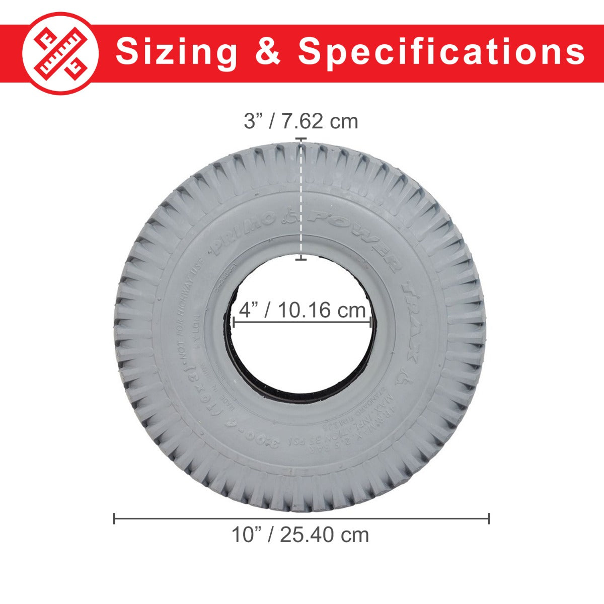 3.00-4 (10x3) Mobility Tire and Inner Tube Set with Knobby Tread, featuring a tire size chart and measurements for accuracy, showing a gray tire with a thick knobby tread pattern.
