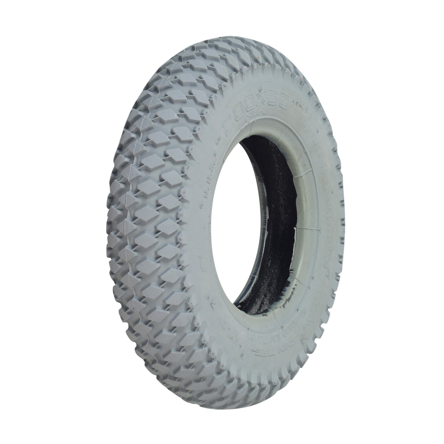 Close-up of the 8x2 (200x50) Mobility Tire and Tube Set with Knobby Tread, showing the tire's detailed tread pattern and the accompanying inner tube, designed for mobility scooters and power chairs.