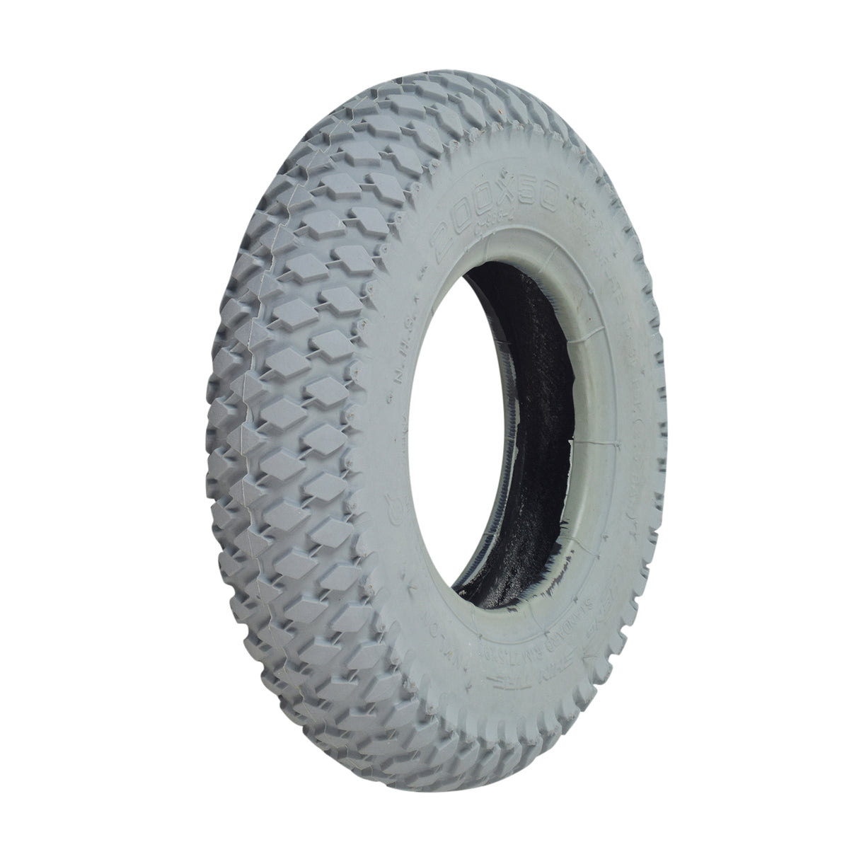 Close-up of the 8x2 (200x50) Mobility Tire and Tube Set with Knobby Tread, showing the tire's detailed tread pattern and the accompanying inner tube, designed for mobility scooters and power chairs.
