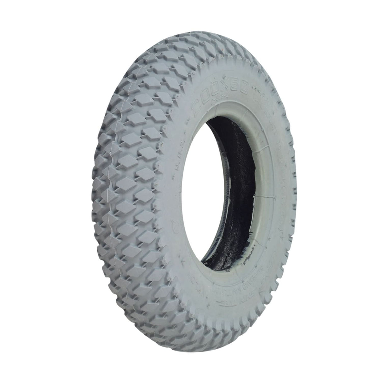 Close-up of the 8x2 (200x50) Mobility Tire and Tube Set with Knobby Tread, showing the tire's detailed tread pattern and the accompanying inner tube, designed for mobility scooters and power chairs.