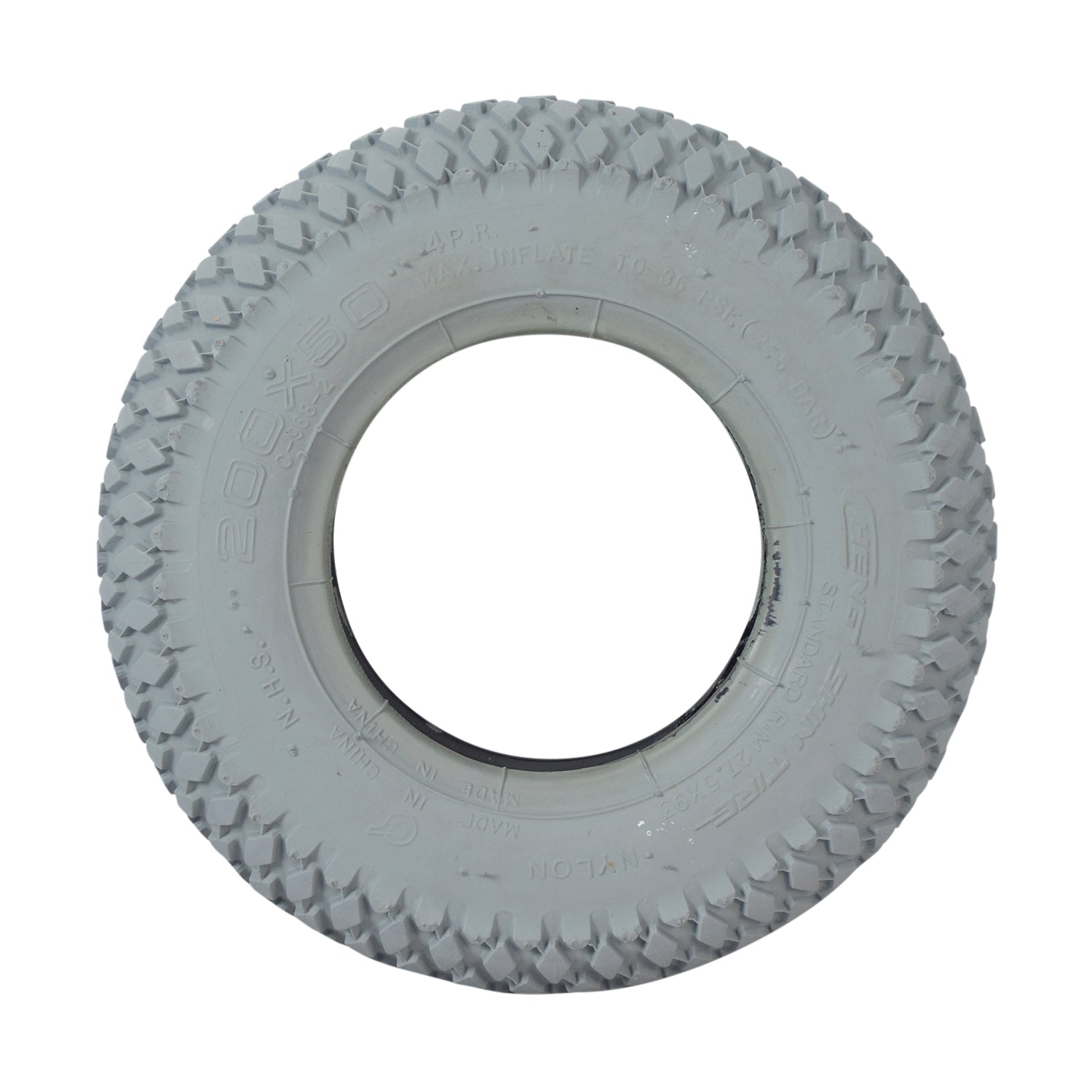 8x2 (200x50) Mobility Tire and Tube Set with Knobby Tread, showing a white tire with a central hole, designed for mobility scooters and power chairs, featuring durable, non-marking gray rubber.