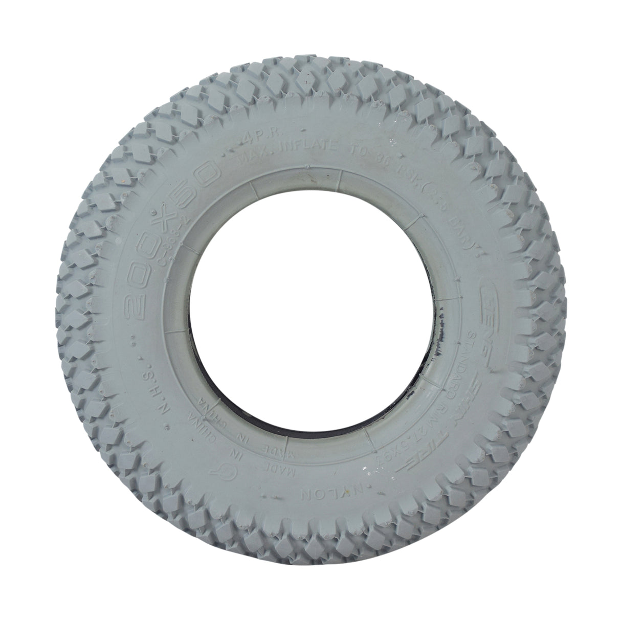 8x2 (200x50) Mobility Tire and Tube Set with Knobby Tread, showing a white tire with a central hole, designed for mobility scooters and power chairs, featuring durable, non-marking gray rubber.