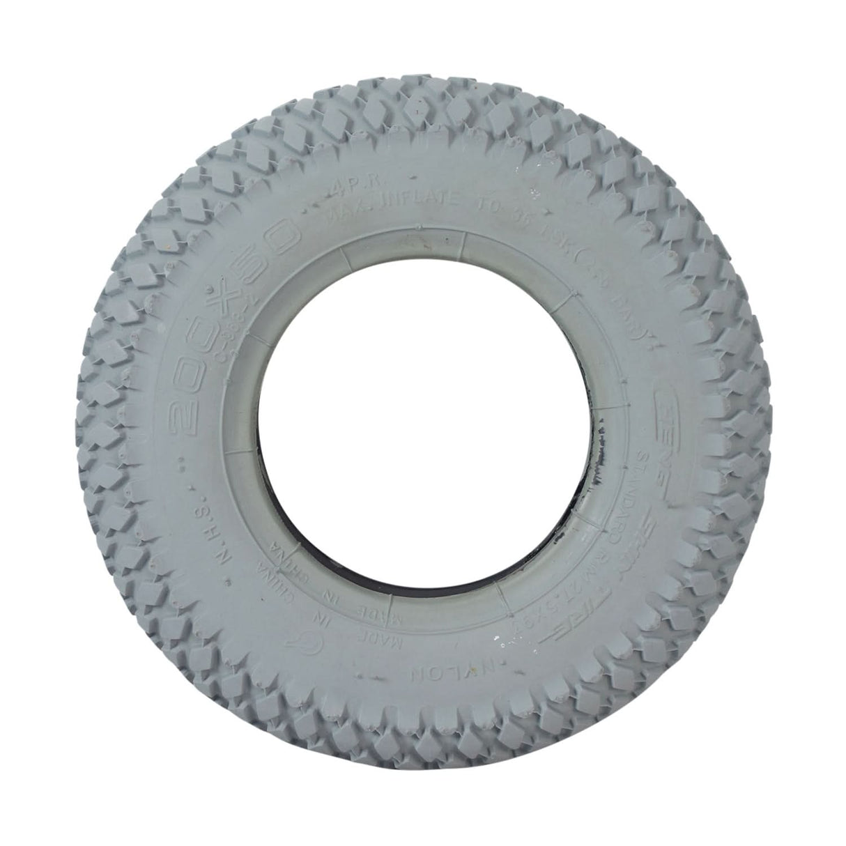 8x2 (200x50) Mobility Tire and Tube Set with Knobby Tread, showing a white tire with a central hole, designed for mobility scooters and power chairs, featuring durable, non-marking gray rubber.