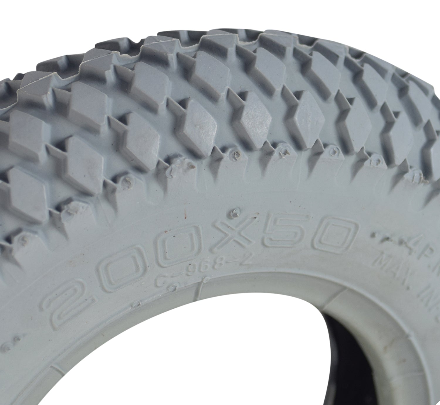 8x2 (200x50) Mobility Tire and Tube Set with Knobby Tread, close-up of the tire showcasing its detailed knobby tread pattern, suitable for mobility scooters and power chairs.