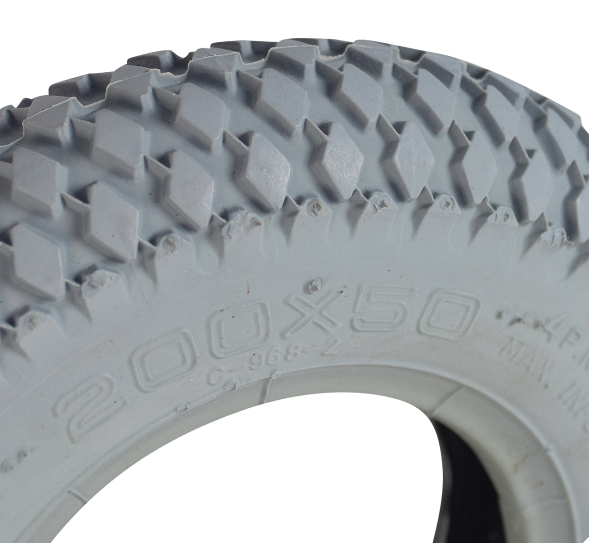 8x2 (200x50) Mobility Tire and Tube Set with Knobby Tread, close-up of the tire showcasing its detailed knobby tread pattern, suitable for mobility scooters and power chairs.