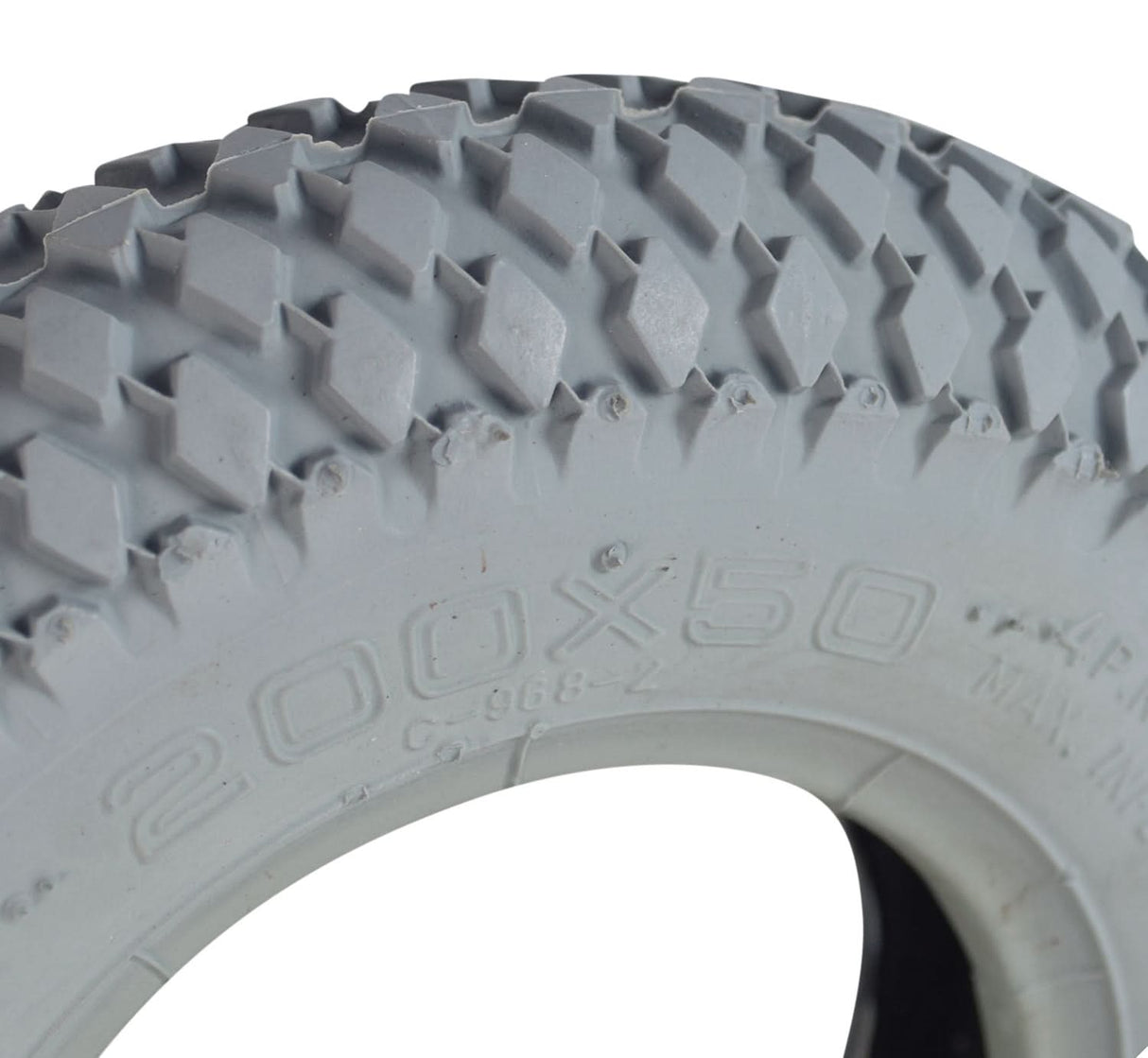 8x2 (200x50) Mobility Tire and Tube Set with Knobby Tread, close-up of the tire showcasing its detailed knobby tread pattern, suitable for mobility scooters and power chairs.