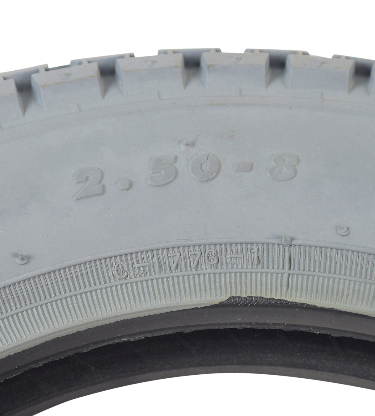 Close-up of the 2.50-8 Pneumatic Mobility Tire with C177G Power Plant Tread, highlighting the detailed knobby tread pattern and tire structure.